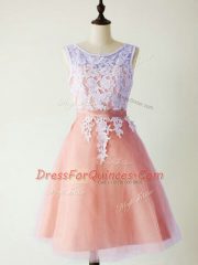 Traditional Peach A-line Tulle Scoop Sleeveless Lace Knee Length Lace Up Court Dresses for Sweet 16