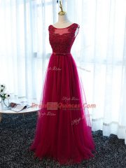 Free and Easy Fuchsia Empire Tulle Scoop Sleeveless Beading and Lace and Appliques and Belt Floor Length Lace Up Prom Party Dress