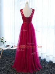 Free and Easy Fuchsia Empire Tulle Scoop Sleeveless Beading and Lace and Appliques and Belt Floor Length Lace Up Prom Party Dress