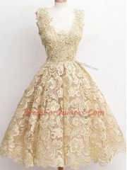 Traditional Knee Length Champagne Quinceanera Court Dresses Lace Sleeveless Lace