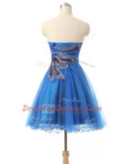 Best Mini Length Blue Prom Evening Gown Tulle Sleeveless Appliques