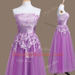 Tea Length Empire Sleeveless Purple Dama Dress for Quinceanera Lace Up