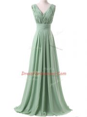 V-neck Sleeveless Lace Up Quinceanera Court of Honor Dress Apple Green Chiffon