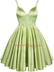 Yellow Green Lace Up Spaghetti Straps Lace Court Dresses for Sweet 16 Elastic Woven Satin Sleeveless