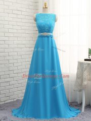Noble Baby Blue Empire Chiffon Asymmetric Sleeveless Beading and Lace Zipper Quinceanera Court Dresses Brush Train