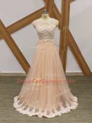Inexpensive Champagne Zipper Scoop Beading and Lace and Appliques Dress for Prom Tulle Sleeveless