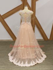 Inexpensive Champagne Zipper Scoop Beading and Lace and Appliques Dress for Prom Tulle Sleeveless