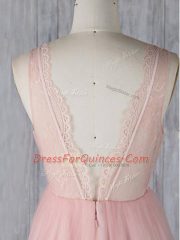 Super V-neck Sleeveless Court Dresses for Sweet 16 Floor Length Lace Baby Pink Tulle
