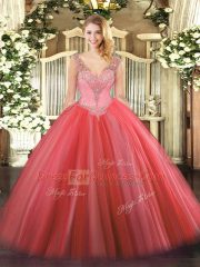Coral Red V-neck Neckline Beading Quinceanera Dresses Sleeveless Lace Up