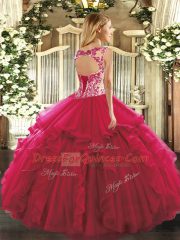 Scoop Sleeveless Organza Ball Gown Prom Dress Beading and Ruffles Lace Up