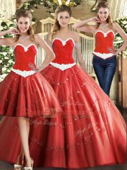 Coral Red Lace Up Sweetheart Beading Sweet 16 Dresses Tulle Sleeveless