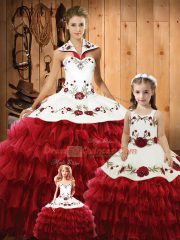 Embroidery and Ruffles Quinceanera Dresses Wine Red Lace Up Sleeveless Floor Length