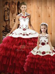 Embroidery and Ruffles Quinceanera Dresses Wine Red Lace Up Sleeveless Floor Length