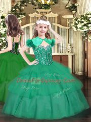 Exceptional Floor Length Lace Up Quinceanera Dress Green for Military Ball and Sweet 16 and Quinceanera with Beading and Ruffled Layers