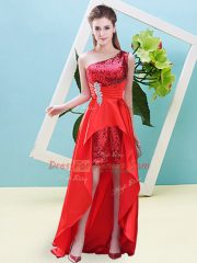 Custom Design Red Prom and Party with Beading and Sequins One Shoulder Sleeveless Lace Up
