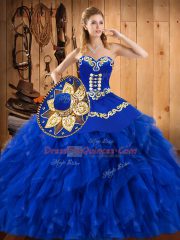 Colorful Blue Satin and Organza Lace Up Vestidos de Quinceanera Sleeveless Floor Length Embroidery and Ruffles
