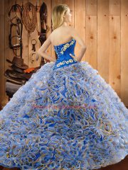 High Quality Multi-color Sleeveless Satin and Fabric With Rolling Flowers Brush Train Lace Up Quinceanera Gown for Military Ball and Sweet 16 and Quinceanera