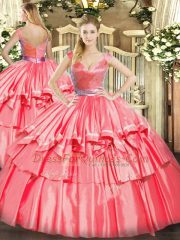 Custom Design V-neck Sleeveless Quince Ball Gowns Floor Length Beading and Ruffled Layers Hot Pink Tulle