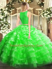 On Sale Gold Ball Gowns Organza Scoop Sleeveless Lace and Ruffled Layers Floor Length Zipper Quinceanera Gowns