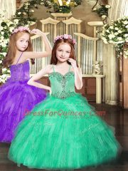 Excellent Turquoise Tulle Lace Up Sweetheart Sleeveless Floor Length Quinceanera Dress Beading and Ruffles