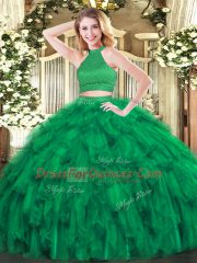 Chic Ball Gowns 15th Birthday Dress Green Halter Top Organza Sleeveless Floor Length Backless