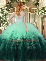 Multi-color Tulle Backless Quince Ball Gowns Sleeveless Floor Length Ruffles