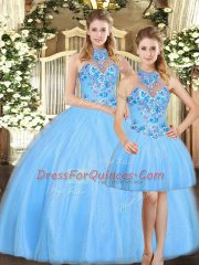 Baby Blue Quinceanera Gowns Sweet 16 and Quinceanera with Embroidery Halter Top Sleeveless Lace Up