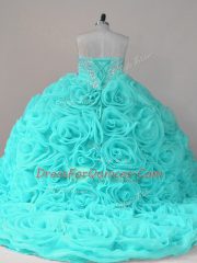 Extravagant Sleeveless Fabric With Rolling Flowers Lace Up Quince Ball Gowns in Aqua Blue with Beading