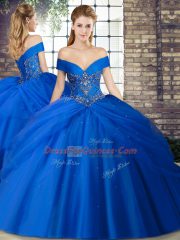 Custom Designed Lace Up Quinceanera Dress Royal Blue for Military Ball and Sweet 16 and Quinceanera with Beading and Pick Ups Brush Train