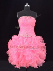 Sleeveless Beading and Ruching Lace Up Prom Evening Gown with Rose Pink