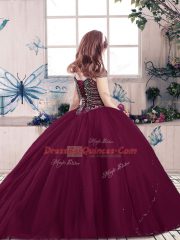 Burgundy Lace Up Straps Beading Little Girl Pageant Gowns Tulle Sleeveless