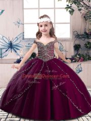 Burgundy Lace Up Straps Beading Little Girl Pageant Gowns Tulle Sleeveless