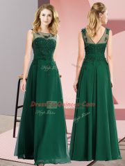 Superior Dark Green Empire Chiffon Scoop Sleeveless Beading and Appliques Floor Length Zipper Dama Dress for Quinceanera