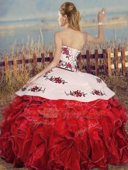 Embroidery and Ruffles Quince Ball Gowns White And Red Lace Up Sleeveless Floor Length