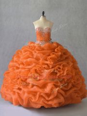 Classical Orange Ball Gowns Sweetheart Sleeveless Organza Floor Length Lace Up Beading and Pick Ups Quinceanera Dress