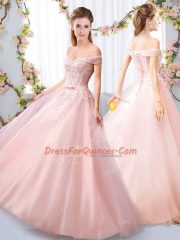 Pink Lace Up Damas Dress Appliques and Belt Sleeveless Floor Length