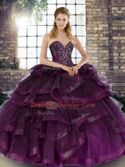 Dark Purple Tulle Lace Up Sweetheart Sleeveless Floor Length 15th Birthday Dress Beading and Ruffles