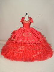 Comfortable Red Sweetheart Neckline Embroidery and Ruffles Quinceanera Gowns Sleeveless Lace Up
