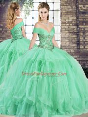 Sexy Floor Length Apple Green 15th Birthday Dress Off The Shoulder Sleeveless Lace Up