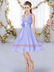 Wonderful Lavender V-neck Neckline Hand Made Flower Court Dresses for Sweet 16 Sleeveless Lace Up