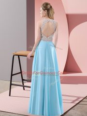 Dramatic Sleeveless Satin Floor Length Backless in Baby Blue with Beading