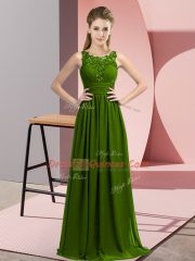 Pretty Scoop Sleeveless Quinceanera Court Dresses Floor Length Beading and Appliques Olive Green Chiffon