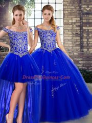 Royal Blue Off The Shoulder Neckline Beading 15th Birthday Dress Sleeveless Lace Up