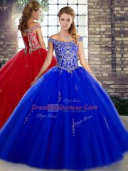 Royal Blue Off The Shoulder Neckline Beading 15th Birthday Dress Sleeveless Lace Up