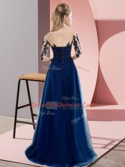 Half Sleeves Floor Length Beading and Lace Lace Up Quinceanera Dama Dress with Blue