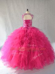 Hot Pink Quince Ball Gowns Scoop Sleeveless Lace Up