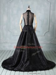 Custom Made Sleeveless Beading Zipper Prom Dresses with Black Brush Train