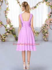 Comfortable V-neck Sleeveless Chiffon Court Dresses for Sweet 16 Hand Made Flower Lace Up