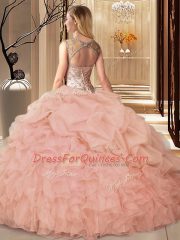 Sleeveless Organza Floor Length Lace Up Sweet 16 Dress in Peach with Beading and Ruffles and Pick Ups