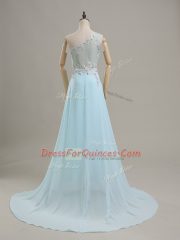 Graceful Baby Blue Chiffon Side Zipper Prom Gown Sleeveless Brush Train Beading